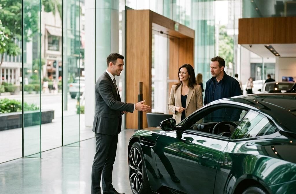 A sales executive presenting a premium sedan to a client in a modern showroom