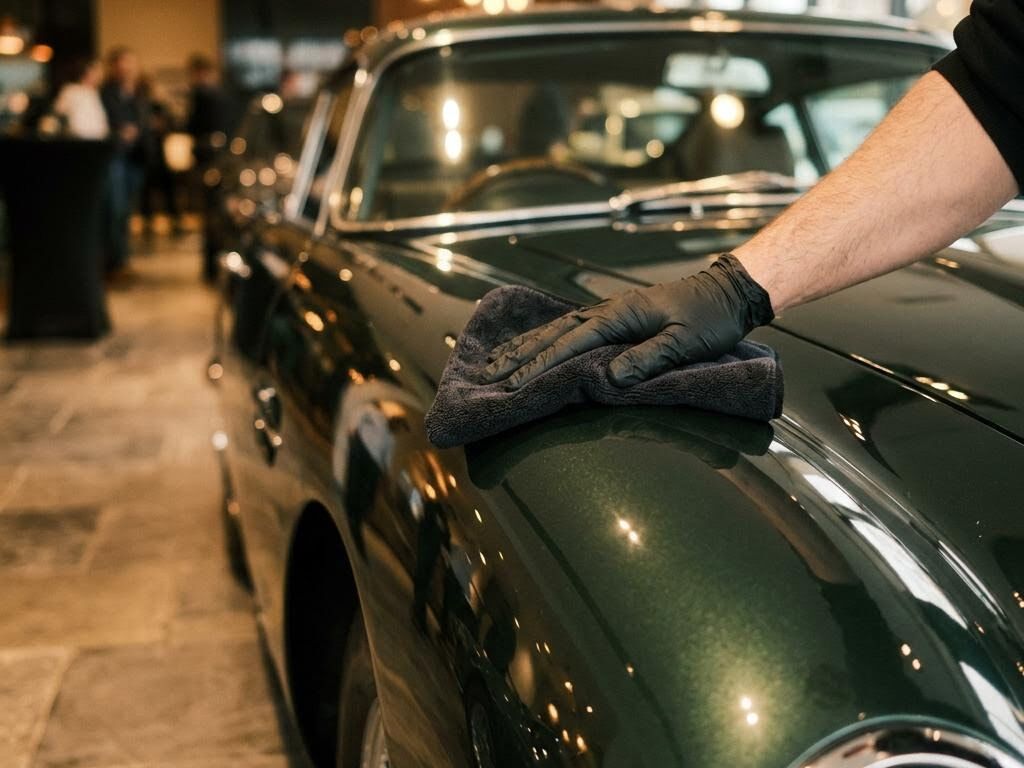 A gloved hand polishing the fender of a luxury car