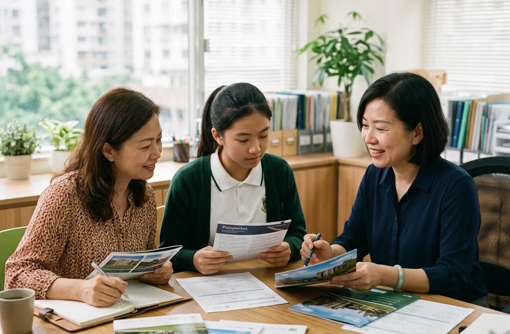 An education consultant reviewing application documents with a student and her mother