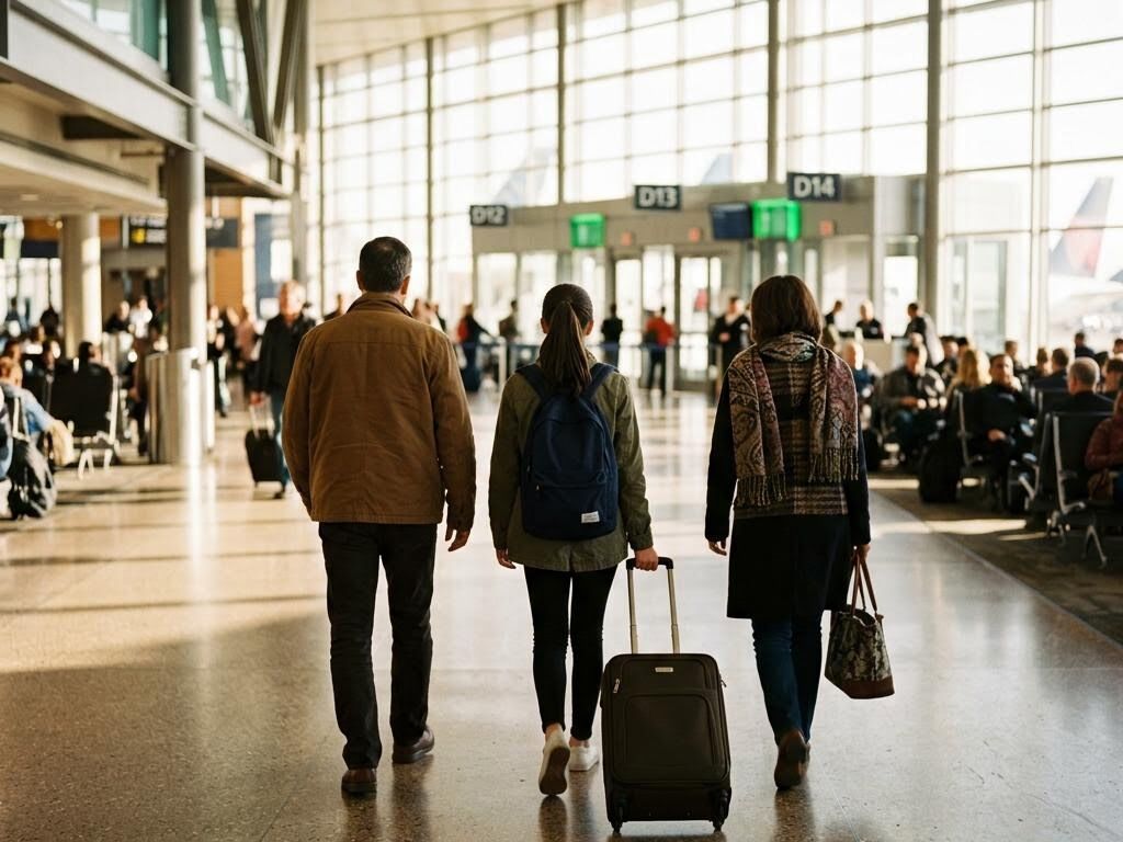 A student with a suitcase walking towards airport departure gates with parents