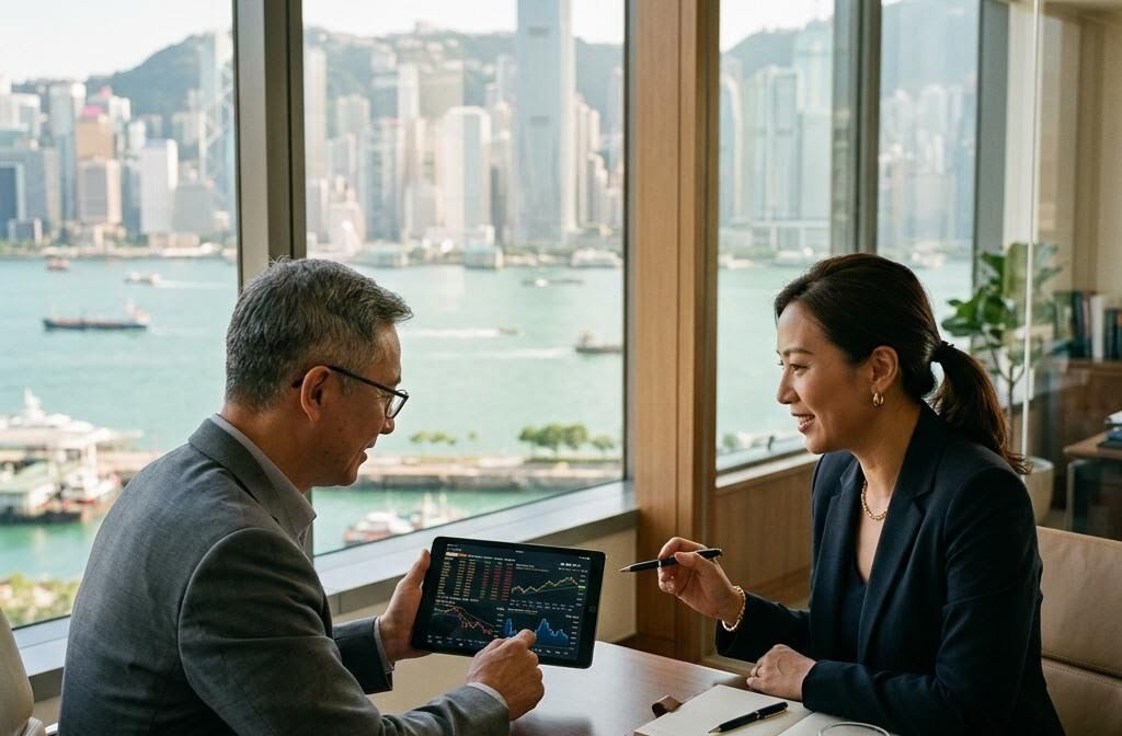 A wealth advisor and client reviewing portfolio charts on a tablet in a Hong Kong office