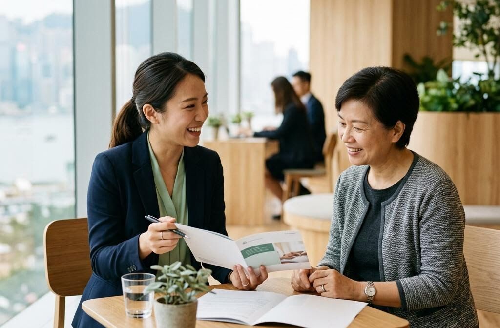 A Hong Kong insurance advisor discussing a policy with a client across a table