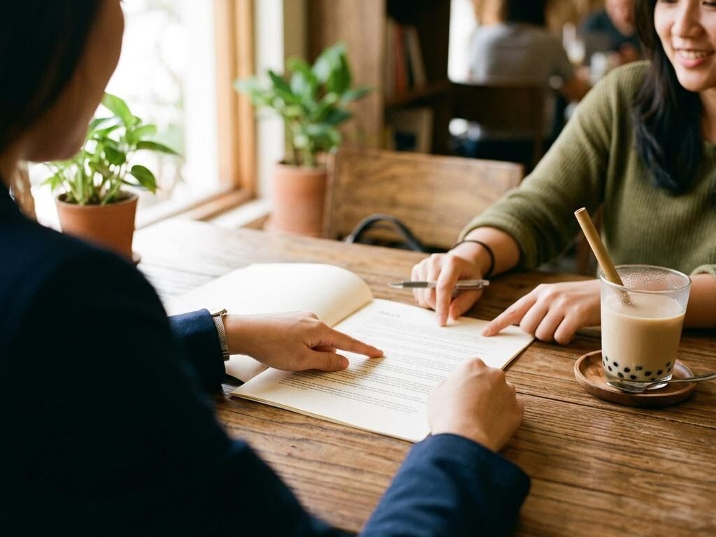 Two people reviewing a printed policy document over milk tea