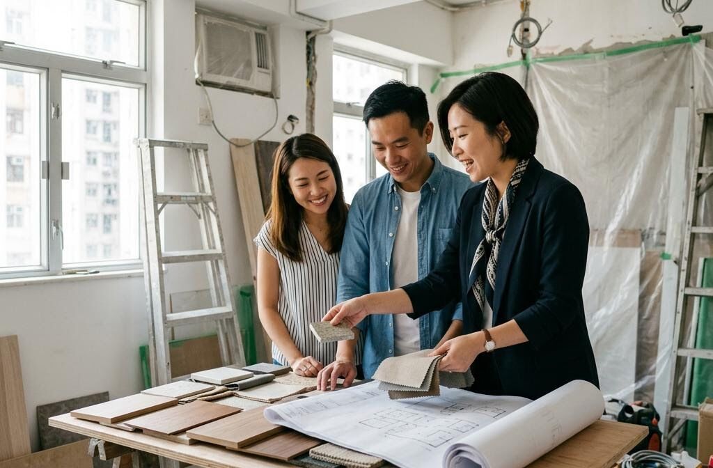 An interior designer showing material samples to a couple in a Hong Kong flat under renovation