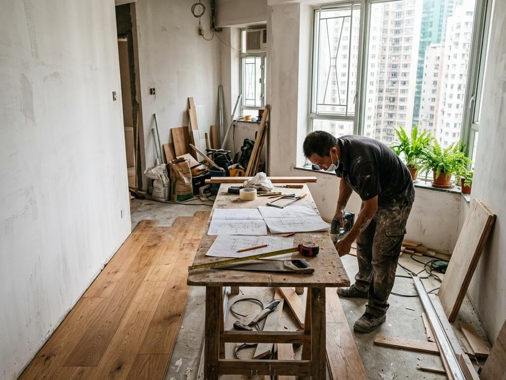 A compact Hong Kong apartment mid-renovation with tools and drawings