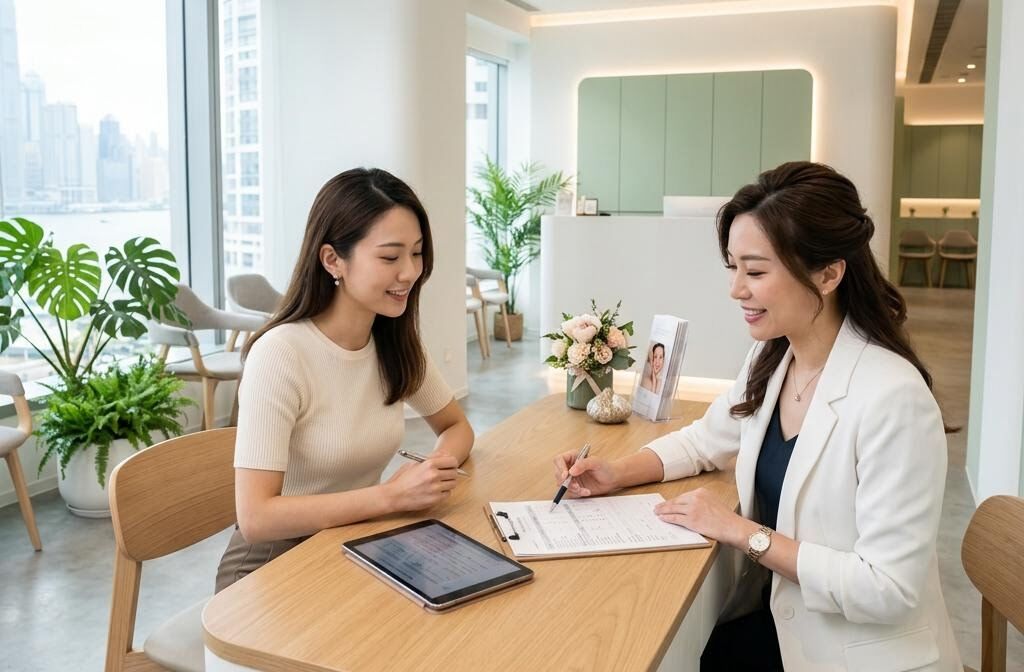 A consultant at a modern Hong Kong private clinic discussing a treatment plan with a client