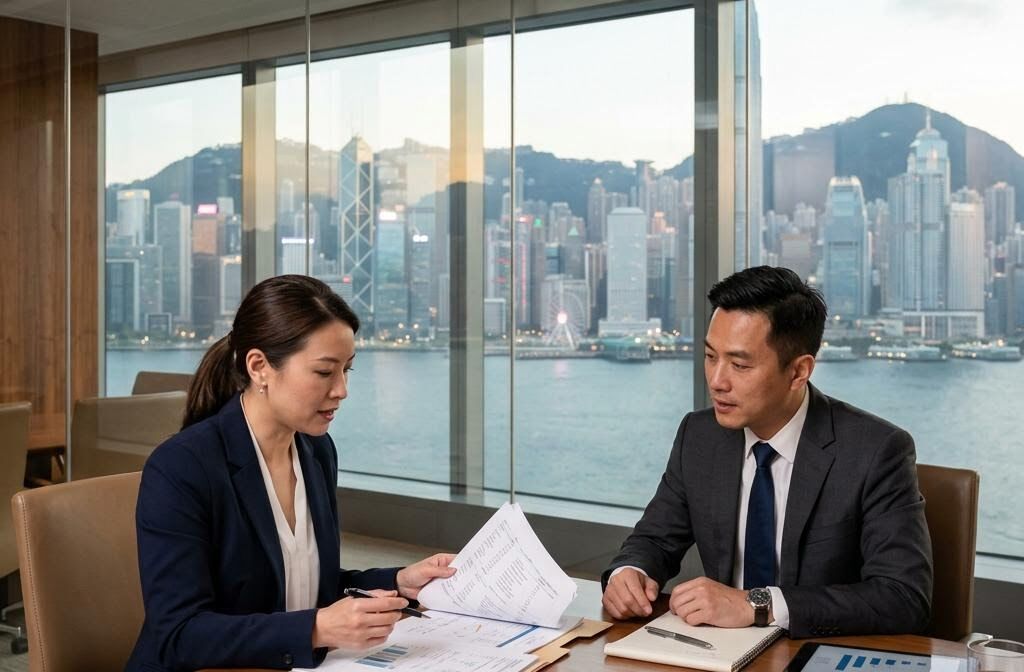 Two professionals reviewing documents in a Hong Kong firm’s glass-walled meeting room