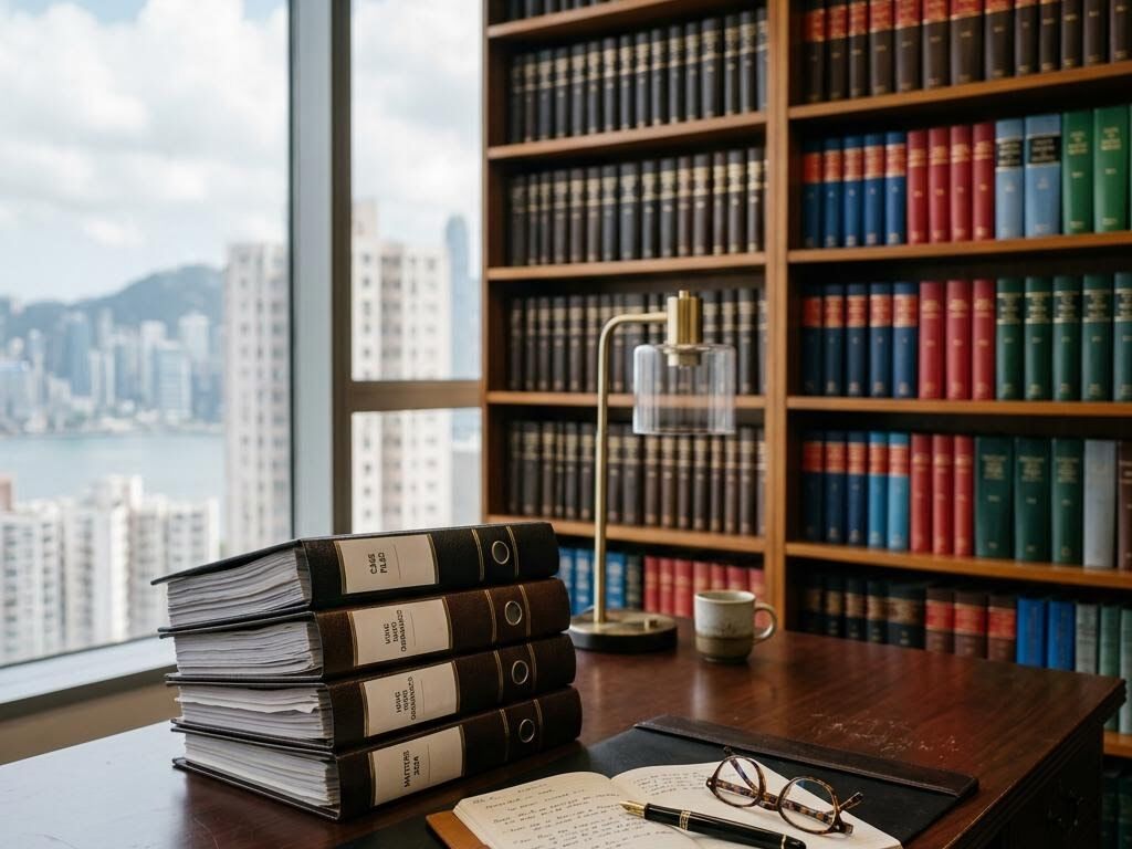 A tidy Hong Kong law office desk with bound files