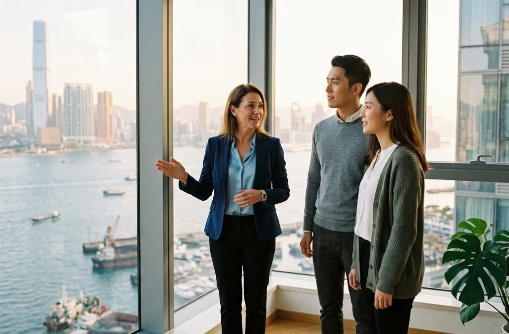 A Hong Kong property agent showing a bright harbour-view flat to a young couple