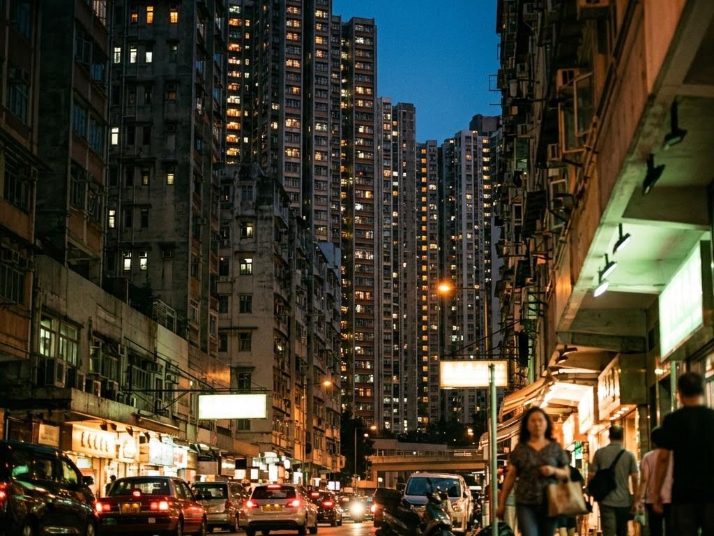 Hong Kong residential towers at dusk with lit windows