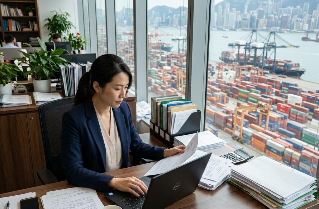 A Hong Kong trading manager working on export documents with the container terminal outside the window