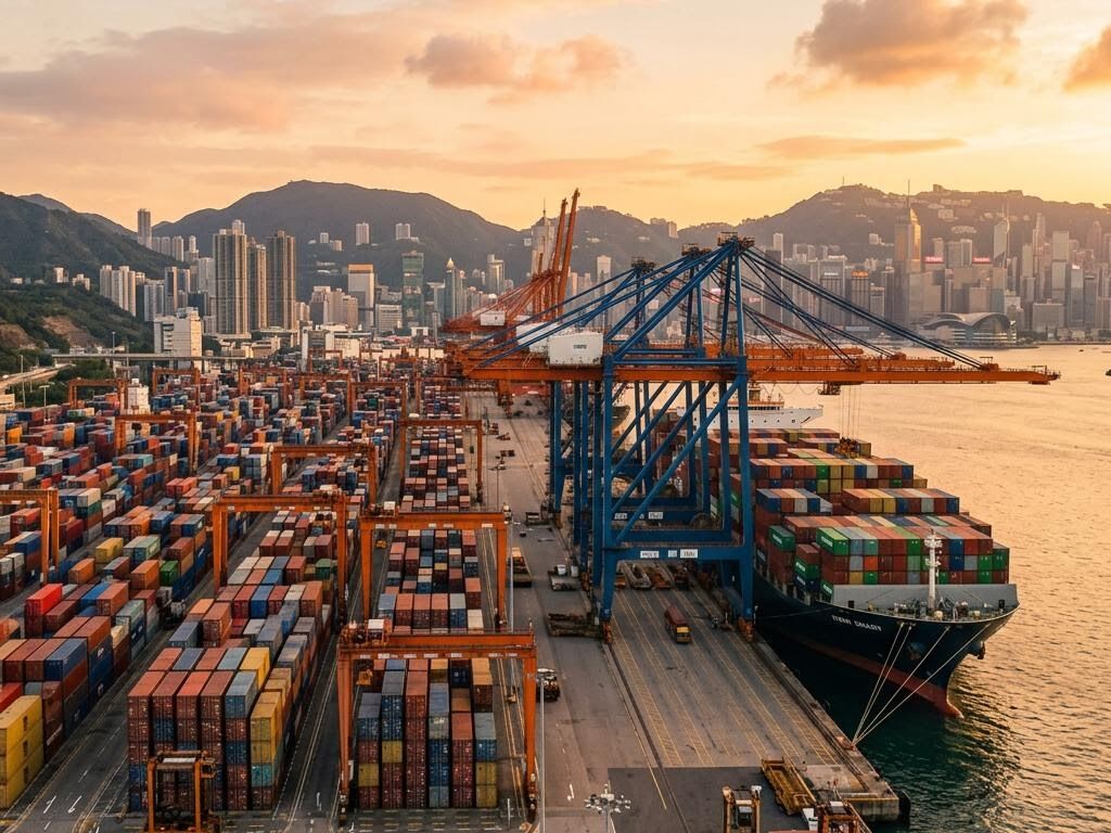 Hong Kong container terminal at golden hour