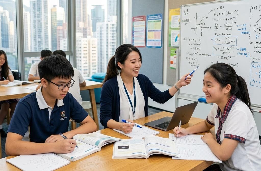 A tutor guiding two secondary students at a bright Hong Kong tutorial centre